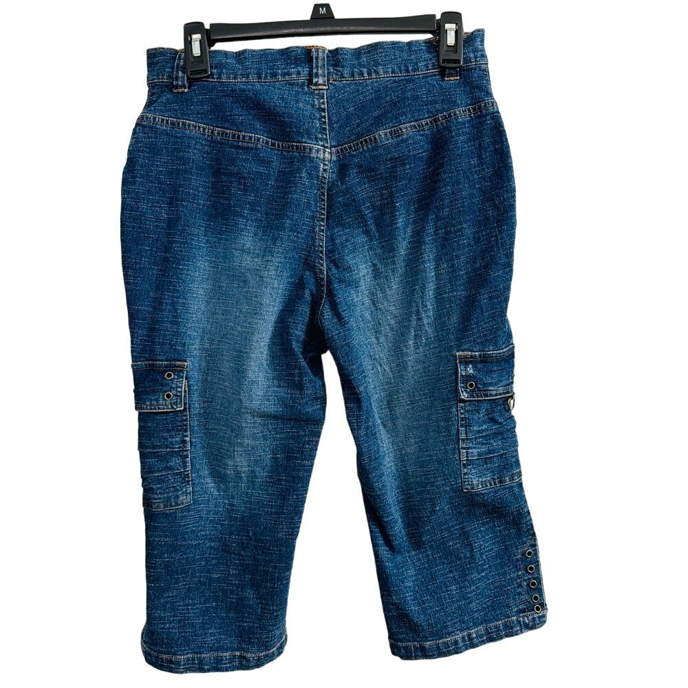 Fashion2Love Cargo Jeans Womens M Fits 10 12 Blue Denim Capri High Rise W30 L16 - Picture 2 of 15